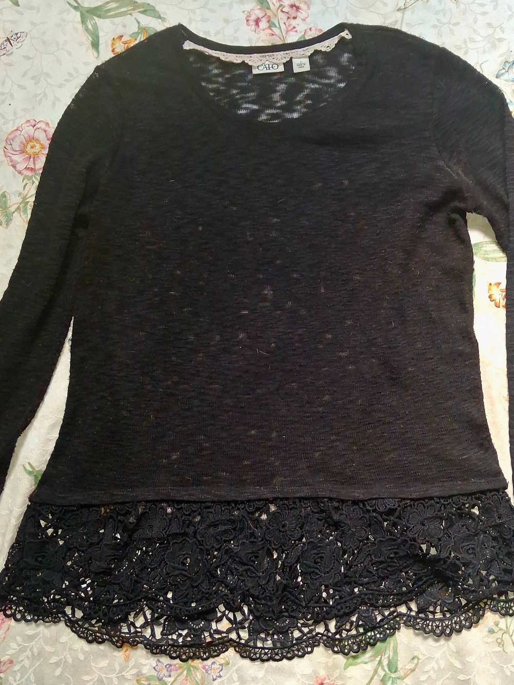 Cato Black Lightweight Long-Sleeve Top with Lace Hem (See Through)
